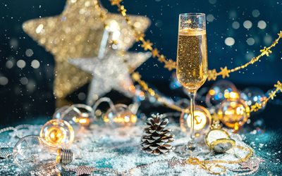 champanhe em um copo, 4k, feliz ano novo, cenário, feliz natal, véspera de ano novo, champanhe, estrelas de ouro, solavancos