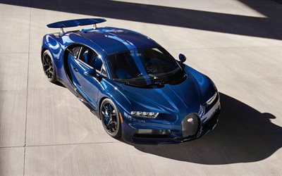 2022, Bugatti Chiron Sport, top view, hypercar, blue Bugatti Chiron, supercar, luxury sports cars, black blue Chiron, Bugatti