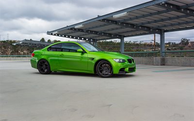 BMW M3, E92, exterior, side view, green BMW M3, M3 E92 tuning, black wheels, green E92, German sports cars, BMW E92, tuning, BMW