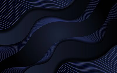 blue abstract waves, 4k, dark backgrounds, blue curves, blue wavy backgrounds, geometry, blue wave lines, 3D waves, curves, waves minimalism, abstract waves
