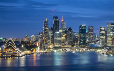 シドニー, 夜, 日没, シドニーオペラハウス, シドニー・ハーバー, 超高層ビル, 近代的な建物, シドニーの街並み, シドニーのスカイライン, オーストラリア
