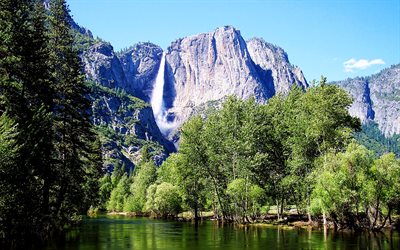 yosemite falls, 4k, sommer, felsen, wasserfälle, berge, kalifornien, amerika, usa, yosemite national park, wunderschöne natur, tal, amerikanische wahrzeichen