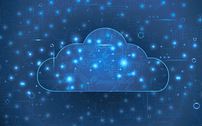 tecnologia cloud, 4k, sfondo tecnologia blu, sfondo nuvola blu, archiviazione cloud, archiviazione dati cloud computer, sfondo nuvola digitale