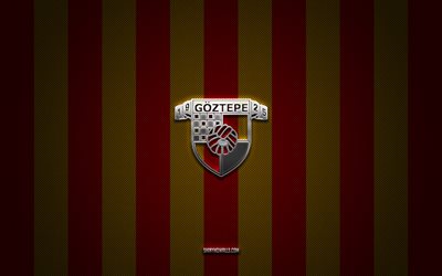 Goztepe SK logo, turkish football clubs, TFF First League, red yellow carbon background, 1 Lig, Goztepe SK emblem, football, Goztepe SK silver metal logo, Goztepe SK, soccer, Goztepe FC