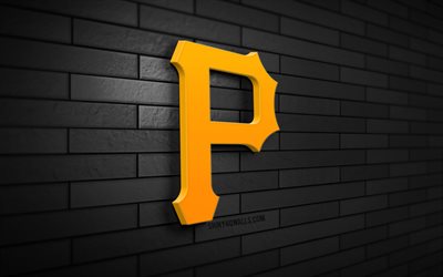 logo 3d des pirates de pittsburgh, 4k, mur de briques noir, mlb, baseball, logo des pirates de pittsburgh, équipe de baseball américaine, logo de sport, pirates de pittsburgh
