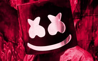 DJ Marshmello, 4k, grunge art, Christopher Comstock, pink grunge backgrounds, superstars, pink Marshmello, american DJ, Marshmello, Marshmello Mask, DJs, Abstract Marshmello, music stars, Marshmello 4K