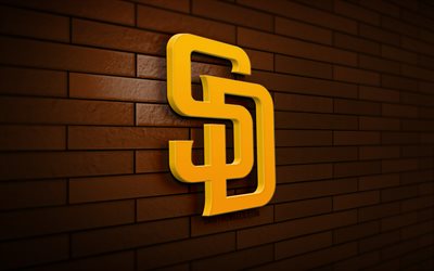 サンディエゴ・パドレスの 3d ロゴ, 4k, 茶色のブリックウォール, mlb, 野球, サンディエゴ・パドレスのロゴ, アメリカの野球チーム, スポーツのロゴ, サンディエゴ・パドレス