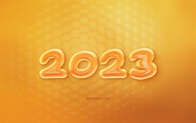 2023 Happy New Year, 4k, honey background, 2023 concepts, 2023 New Year, 2023 honey background, Happy New Year 2023, creative 2023 art, 2023 greeting card, 2023 yellow background