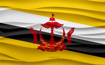 4k, Flag of Brunei, 3d waves plaster background, Brunei flag, 3d waves texture, Brunei national symbols, Day of Brunei, Asian countries, 3d Brunei flag, Brunei, Asia