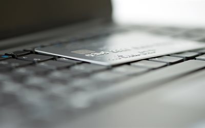 bankkarte auf der tastatur, 4k, online-shopping, online-bestellung, bankkarte auf dem laptop, einkaufskonzepte