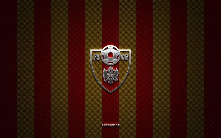 logo della squadra nazionale di calcio del montenegro, uefa, europa, sfondo rosso giallo carbonio, emblema della squadra nazionale di calcio del montenegro, calcio, squadra nazionale di calcio del montenegro, montenegro