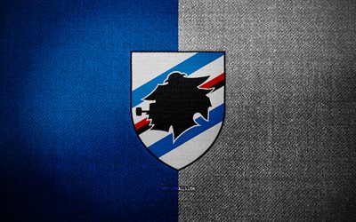 sampdoria fc-abzeichen, 4k, blau-weißer stoffhintergrund, serie a, sampdoria fc-logo, sampdoria fc-emblem, sportlogo, sampdoria fc-flagge, italienischer fußballverein, uc sampdoria, fußball, sampdoria fc