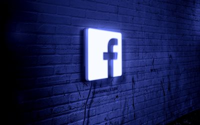 facebookのネオンのロゴ, 4k, ブルーブリックウォール, グランジアート, クリエイティブ, ワイヤーのロゴ, facebookの緑のロゴ, 社会的ネットワーク, フェイスブックのロゴ, アートワーク, フェイスブック