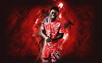 alphonso davies, o fc bayern de munique, canadense jogador de futebol, pedra vermelha de fundo, o bayern de munique, bundesliga, alemanha, futebol