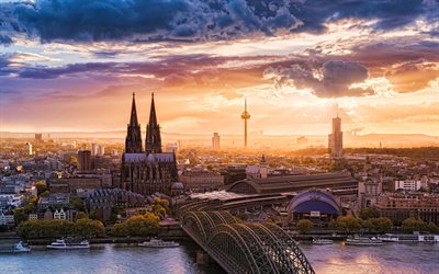 Cologne Cathedral, 4k, sunset, skyline cityscapes, german cities, Catholic cathedral, Cologne landmarks, Cologne, Germany, Europe, Cologne panorama, Cologne cityscape