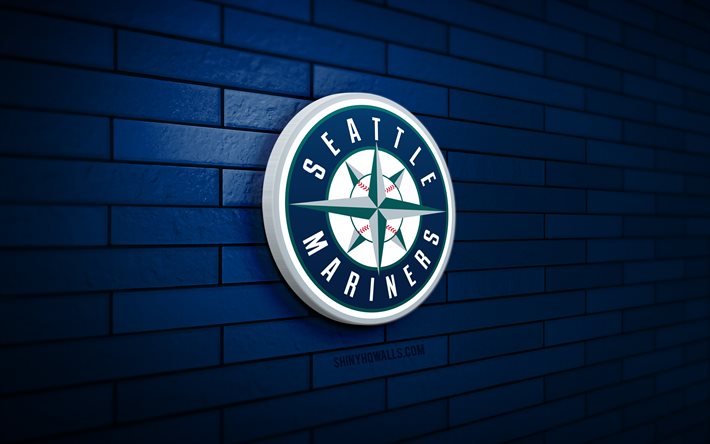 seattle mariners logotipo 3d, 4k, azul brickwall, mlb, beisebol, seattle mariners logotipo, time de beisebol americano, logotipo esportivo, seattle mariners