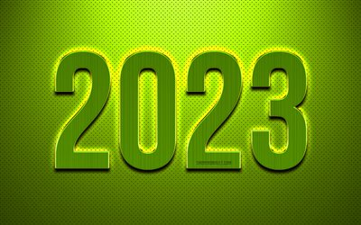 2023년 새해 복 많이 받으세요, 4k, 녹색 2023 배경, 2023년 컨셉, 녹색 가죽 질감, 2023 3d 비문, 2023 금속 배경, 2023년 인사말 카드