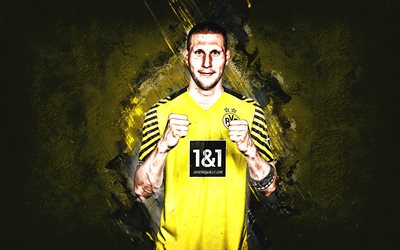 niklas sule, bvb, o borussia dortmund, jogador de futebol alemão, pedra amarela de fundo, bundesliga, alemanha, futebol