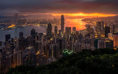 4k, 홍콩, 파노라마, 중심지, 고층 빌딩, 국제상업센터, 원 아일랜드 이스트, 중국 은행 타워, 홍콩 풍경, 홍콩 파노라마, 중국