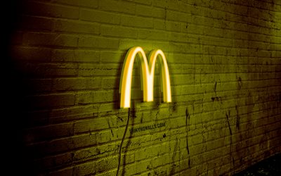 mcdonald s néon logo, 4k, jaune brickwall, grunge art, créatif, logo sur le fil, mcdonald s jaune logo, mcdonald s logo, illustration, mcdonald s