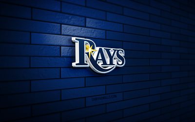 logotipo 3d de tampa bay rays, 4k, pared de ladrillo azul, mlb, béisbol, logotipo de tampa bay rays, equipo de béisbol estadounidense, logotipo deportivo, tampa bay rays