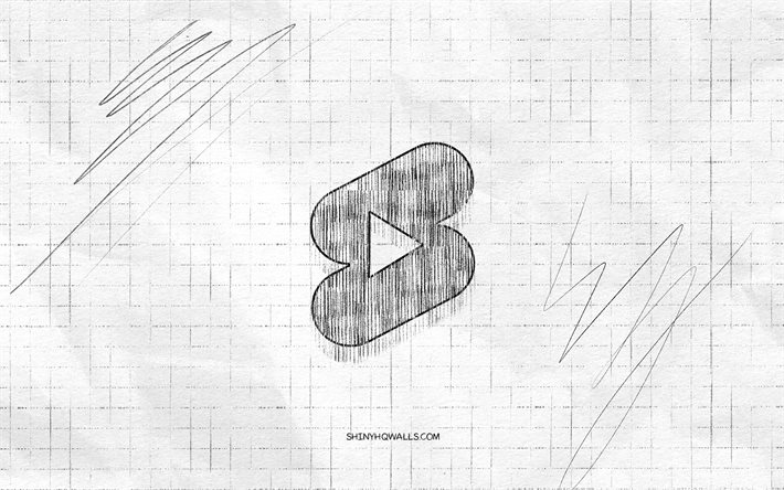 Youtube shorts sketch logo, 4K, checkered paper background, Youtube shorts black logo, social networks, logo sketches, Youtube shorts logo, pencil drawing, Youtube shorts