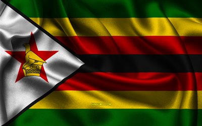 drapeau du zimbabwe, 4k, les pays africains, les drapeaux de satin, le drapeau du zimbabwe, le jour du zimbabwe, les drapeaux de satin ondulés, le drapeau zimbabwéen, les symboles nationaux zimbabwéens, l afrique, le zimbabwe