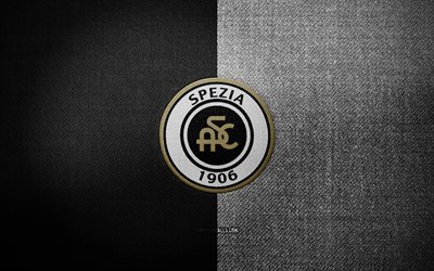 Spezia badge, 4k, white black fabric background, Serie A, Spezia logo, Spezia emblem, sports logo, Spezia flag, italian football club, Spezia Calcio, soccer, football, Spezia FC