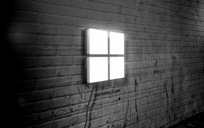 Microsoft neon logo, 4k, black brickwall, grunge art, creative, logo on wire, Microsoft white logo, Microsoft logo, artwork, Microsoft
