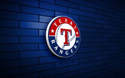 logo 3d des texas rangers, 4k, mur de briques bleu, mlb, baseball, logo des texas rangers, équipe de baseball américaine, logo de sport, texas rangers