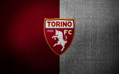 トリノ fc バッジ, 4k, 赤白い布の背景, セリエa, トリノ fc のロゴ, トリノfcのエンブレム, スポーツのロゴ, トリノ fc の旗, イタリアのサッカー クラブ, トリノ fc 1906, サッカー, フットボール, トリノfc