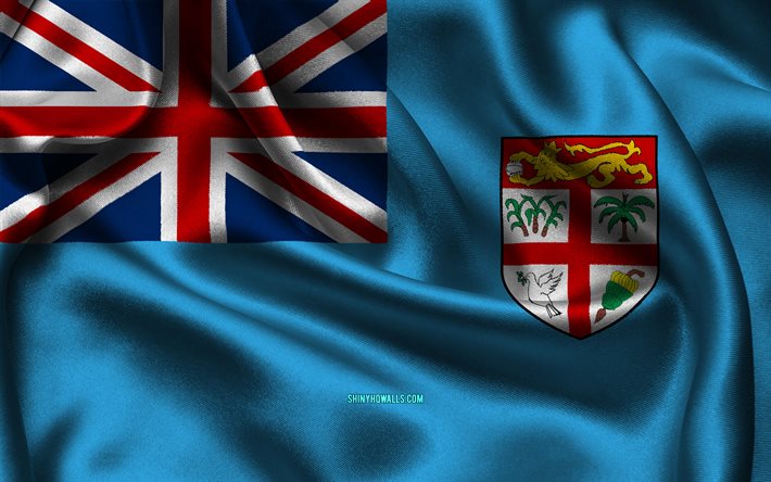 Fiji flag, 4K, Oceanian countries, satin flags, flag of Fiji, Day of Fiji, wavy satin flags, Fiji national symbols, Oceania, Fiji