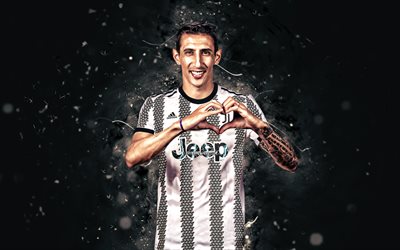 4k, Angel Di Maria, white neon lights, Juventus FC, soccer, Serie A, argentinean footballers, Angel Di Maria 4K, black abstract background, football, Juve, Angel Di Maria Juventus FC