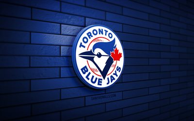 logo 3d des blue jays de toronto, 4k, mur de briques bleu, mlb, baseball, logo des blue jays de toronto, équipe de baseball canadienne, logo sportif, blue jays de toronto