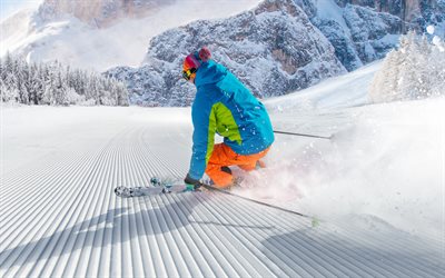 4k, sciare, sport invernali, inverno, stazione sciistica, sciatore, neve, sci alpino, paesaggio di montagna, turismo invernale
