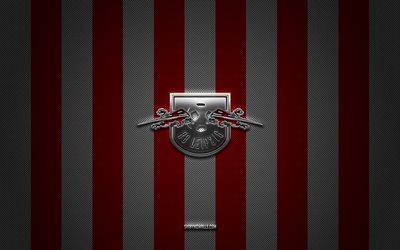 logo rb leipzig, club de football allemand, bundesliga, fond de carbone blanc rouge, emblème rb leipzig, football, rb leipzig, allemagne, logo en métal argenté rb leipzig