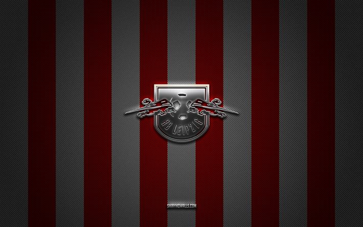 rb leipzig logosu, alman futbol kulübü, bundesliga, kırmızı beyaz karbon arka plan, rb leipzig amblemi, futbol, rb leipzig, almanya, rb leipzig gümüş metal logosu