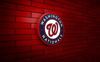 logotipo 3d de los nacionales de washington, 4k, pared de ladrillo rojo, mlb, béisbol, logotipo de los nacionales de washington, equipo de béisbol estadounidense, logotipo deportivo, nacionales de washington