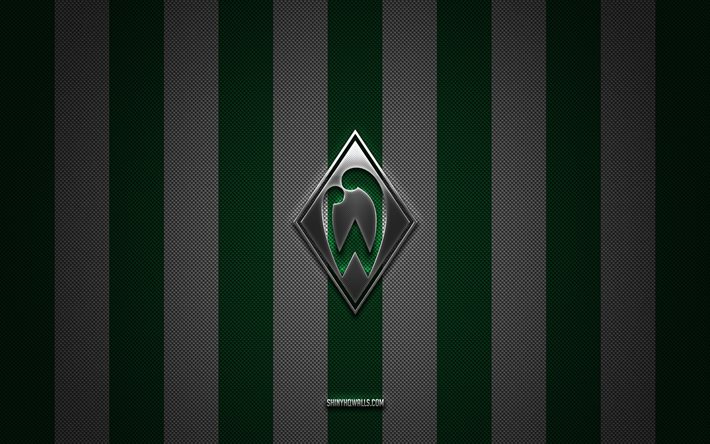 logotipo de sv werder bremen, club de fútbol alemán, bundesliga, fondo de carbono blanco verde, emblema de sv werder bremen, fútbol, sv werder bremen, alemania, logotipo de metal plateado de sv werder bremen