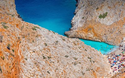 4k, Seitan Limania, aerial view, paradise, harbor, coast, cliffs, Stephans Beach, Chania, Crete, Greece, Europe, greek landmarks, sea