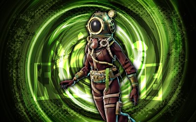 4k, deep sea dominator, fortnite, sfondo a spirale verde grunge, fortnite deep sea dominator skin, personaggio di deep sea dominator fortnite, deep sea dominator fortnite, personaggi fortnite, grunge art, deep sea dominator skin