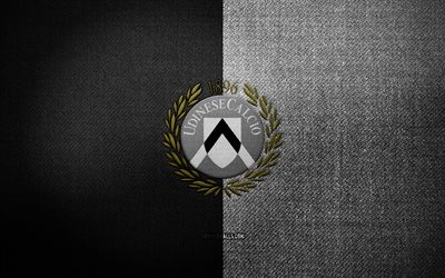 Udinese badge, 4k, black white fabric background, Serie A, Udinese logo, Udinese emblem, sports logo, Udinese flag, italian football club, Udinese Calcio, soccer, football, Udinese FC