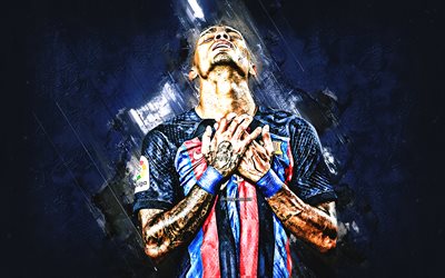 Raphinha, portrait, art, FC Barcelona, Raphael Dias Belloli, blue grunge background, La Liga, Spain, Raphinha Barca, football, world football stars