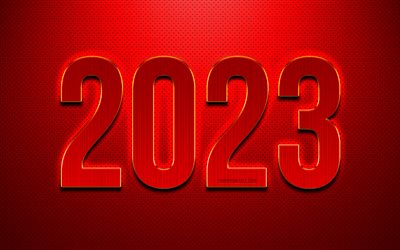 felice anno nuovo 2023, 4k, sfondo rosso 2023, 2023 concetti, struttura in pelle rossa, 2023 iscrizione 3d, 2023 biglietto di auguri, 2023 sfondo metallico, 2023 felice anno nuovo