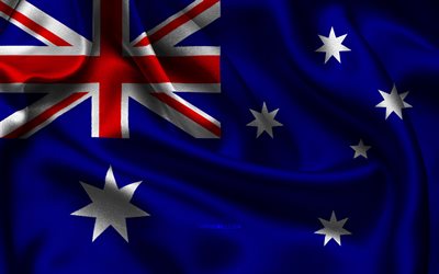 drapeau de l australie, 4k, les pays d océanie, les drapeaux de satin, le drapeau de l australie, le jour de l australie, les drapeaux de satin ondulés, le drapeau australien, les symboles nationaux australiens, l océanie, l australie