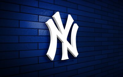 new york yankees 3d logosu, 4k, kırmızı brickwall, mlb, beyzbol, new york yankees logosu, amerikan beyzbol takımı, spor logosu, new york yankees, ny yankees