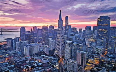 샌프란시스코, 4k, 벡터 아트, 샌프란시스코 그림, 미국 횡단 피라미드, 고층 빌딩, 밀레니엄 타워, 샌프란시스코 도시 풍경, 캘리포니아, 미국