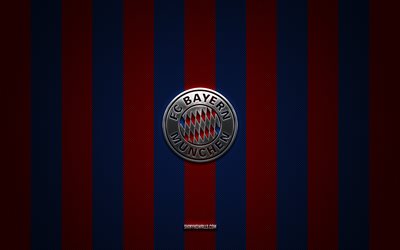 fc bayern münih logosu, alman futbol kulübü, bundesliga, kırmızı, mavi karbon arka plan, fc bayern münih amblemi, futbol, fc bayern münih, almanya, bayern münih gümüş metal logo