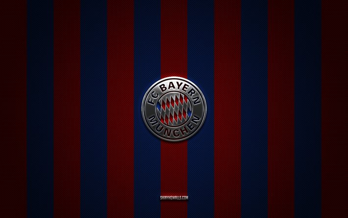 شعار نادي بايرن ميونخ, نادي كرة القدم الألماني, الدوري الالماني, أحمر أزرق الكربون الخلفية, كرة القدم, بايرن ميونخ, ألمانيا, شعار بايرن ميونيخ المعدني الفضي