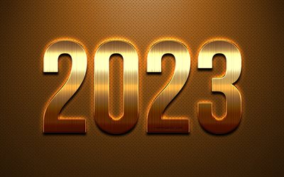 4k, 2023년 새해 복 많이 받으세요, 2023년 컨셉, 2023년 황금 배경, 3d 황금 글자, 황금 가죽 배경, 2023년 인사말 카드, 2023년 새해
